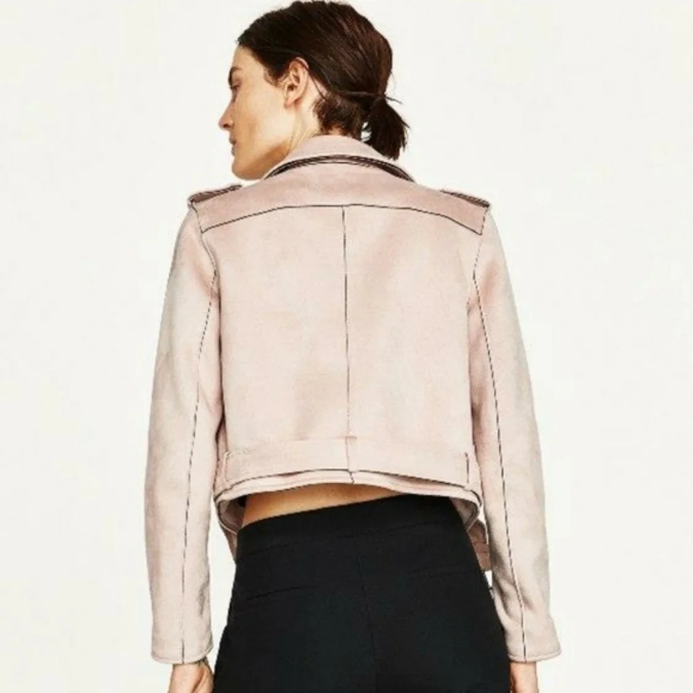 Zara Faux Suede Blush Pink Moto Jacket - Size M - Picture 3 of 9